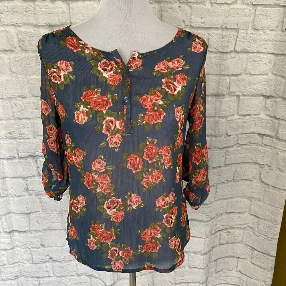 Bobbie Brooks women S semi sheer 3/4 sleeve floral print blouse